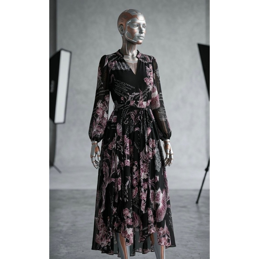 White House Black Market Botanical Script Maxi Dress Black Burgundy Size 12